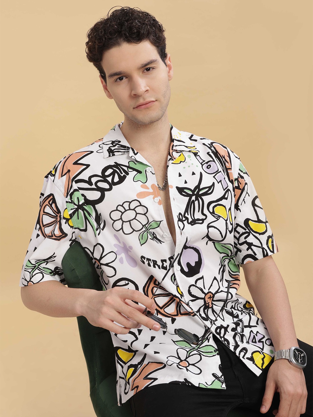 HERE&NOW Men Cuban Collar Conversational Printed Cotton Relaxed Fit Casual Shirt, White
HERE&NOW Men Cuban Collar Conversational Printed Cotton Relaxed Fit Casual Shirt, White