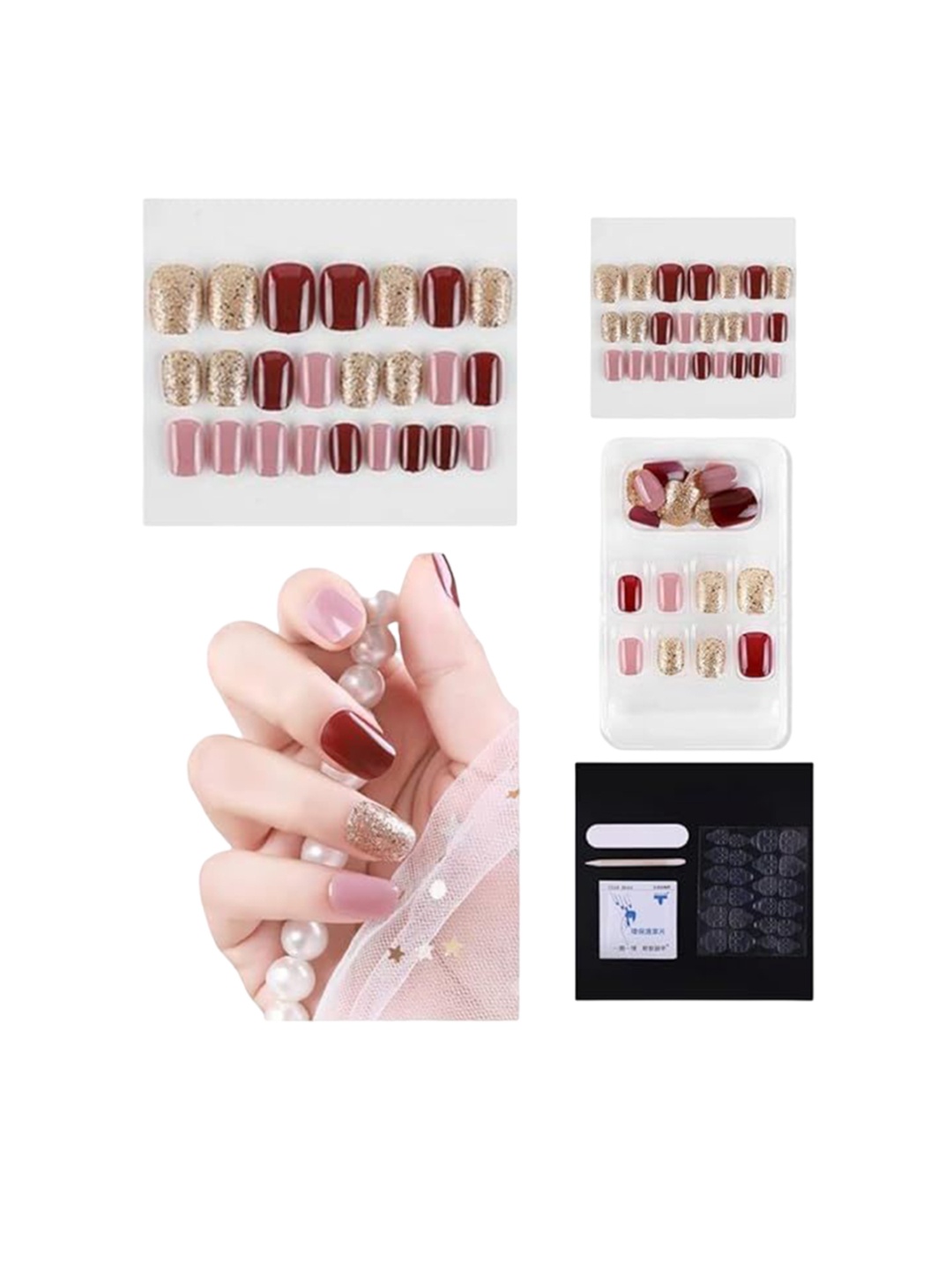 Coslifestore Set Of 24 Artificial Press On Nails With Glitter Design-Maroon Gold & Peach
Coslifestore Set Of 24 Artificial Press On Nails With Glitter Design-Maroon Gold & Peach