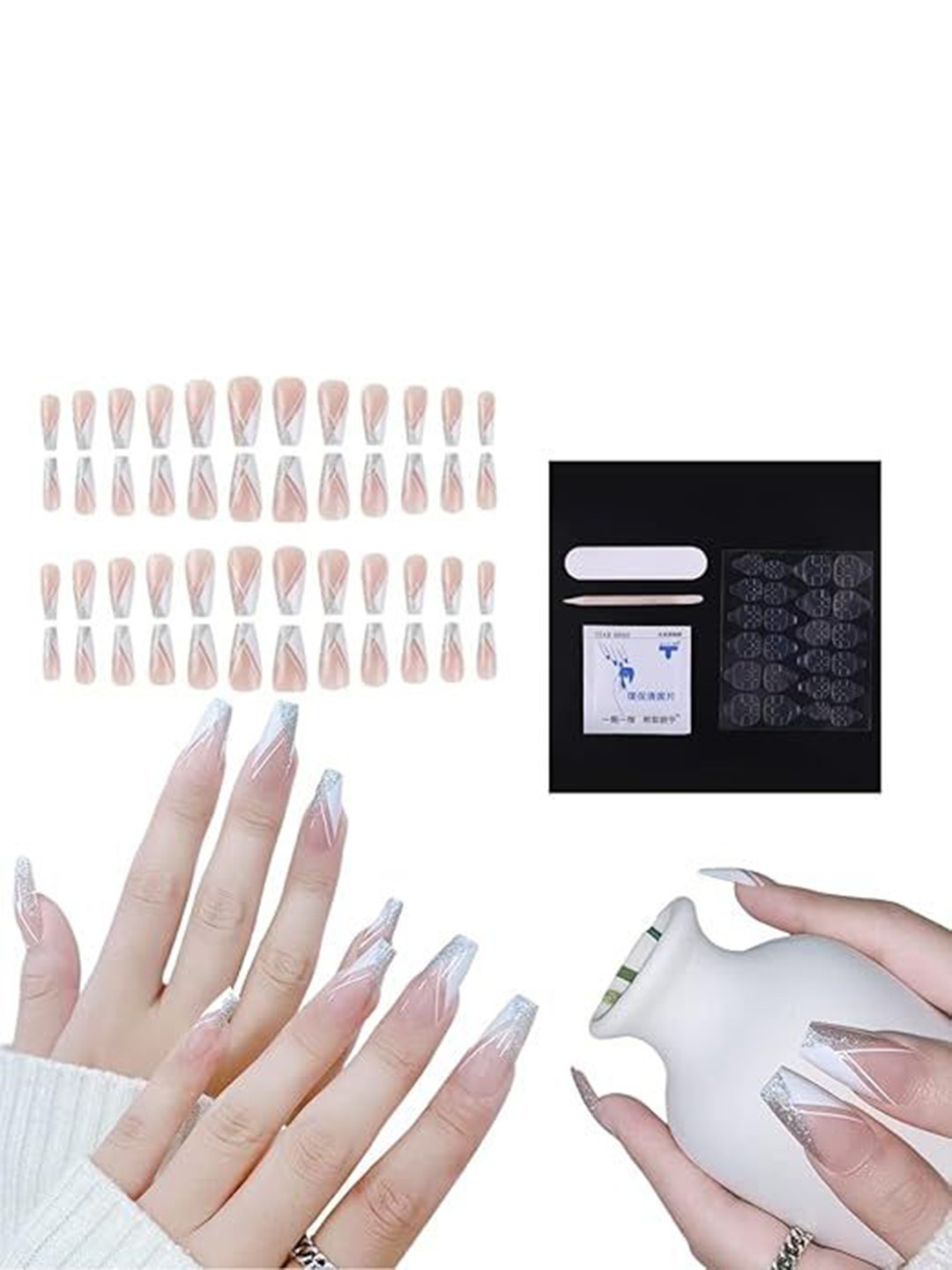 Coslifestore Set Of 24 Artificial Nails With Glitter Design-Metallic Silver French &Nude
Coslifestore Set Of 24 Artificial Nails With Glitter Design-Metallic Silver French &Nude