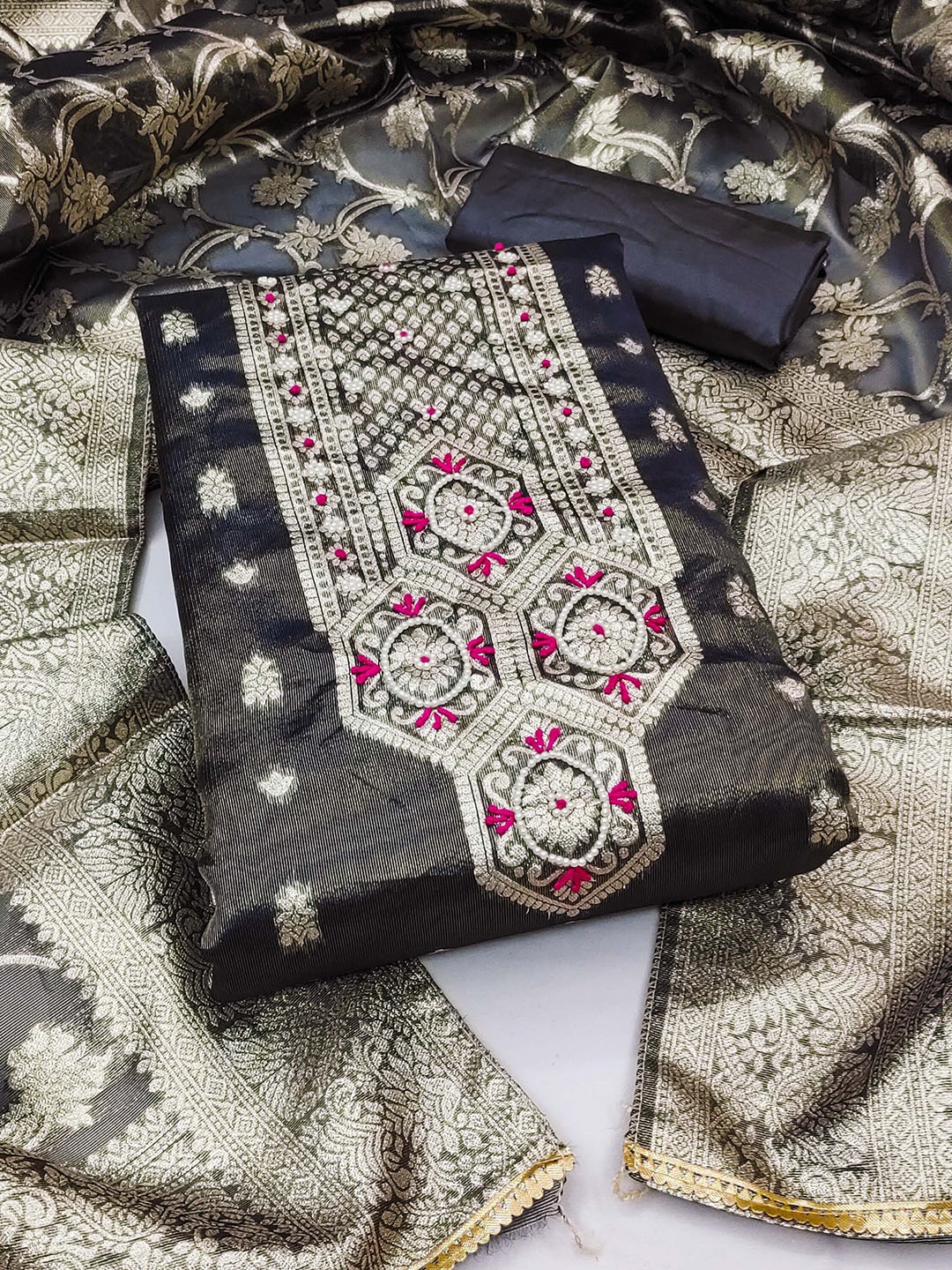 Ishin Ethnic Motifs Embroidered Beads and Stones Unstitched Dress Material, Black
Ishin Ethnic Motifs Embroidered Beads and Stones Unstitched Dress Material, Black