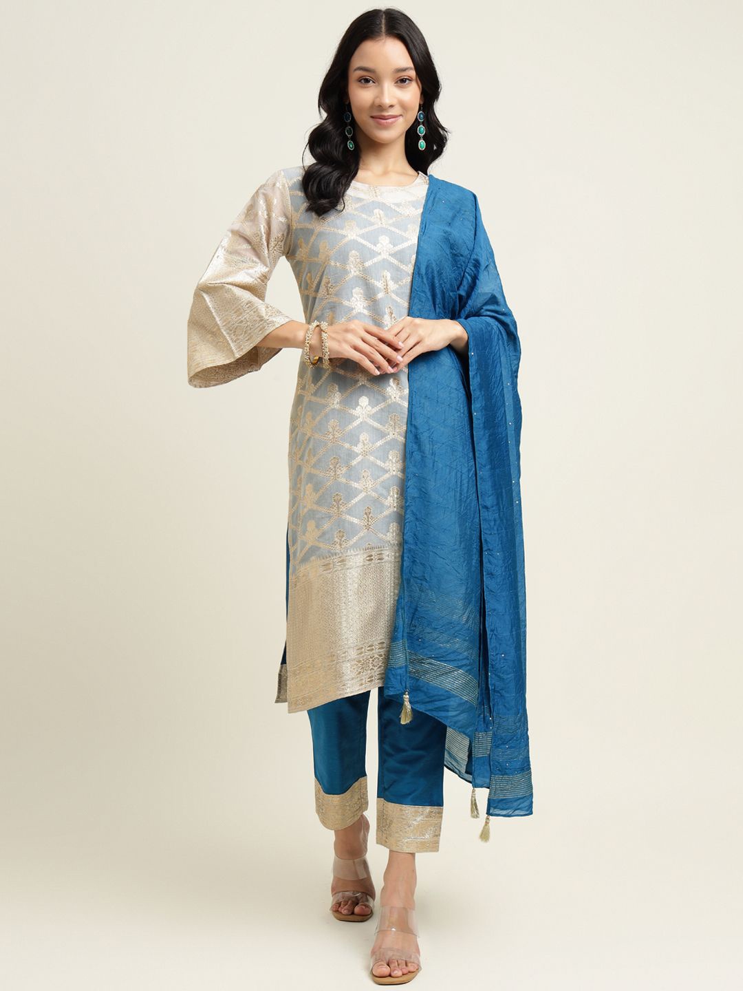 ZARI Floral Zari Woven Design Pure Cotton Straight Kurta With Trousers & Dupatta, Blue
ZARI Floral Zari Woven Design Pure Cotton Straight Kurta With Trousers & Dupatta, Blue