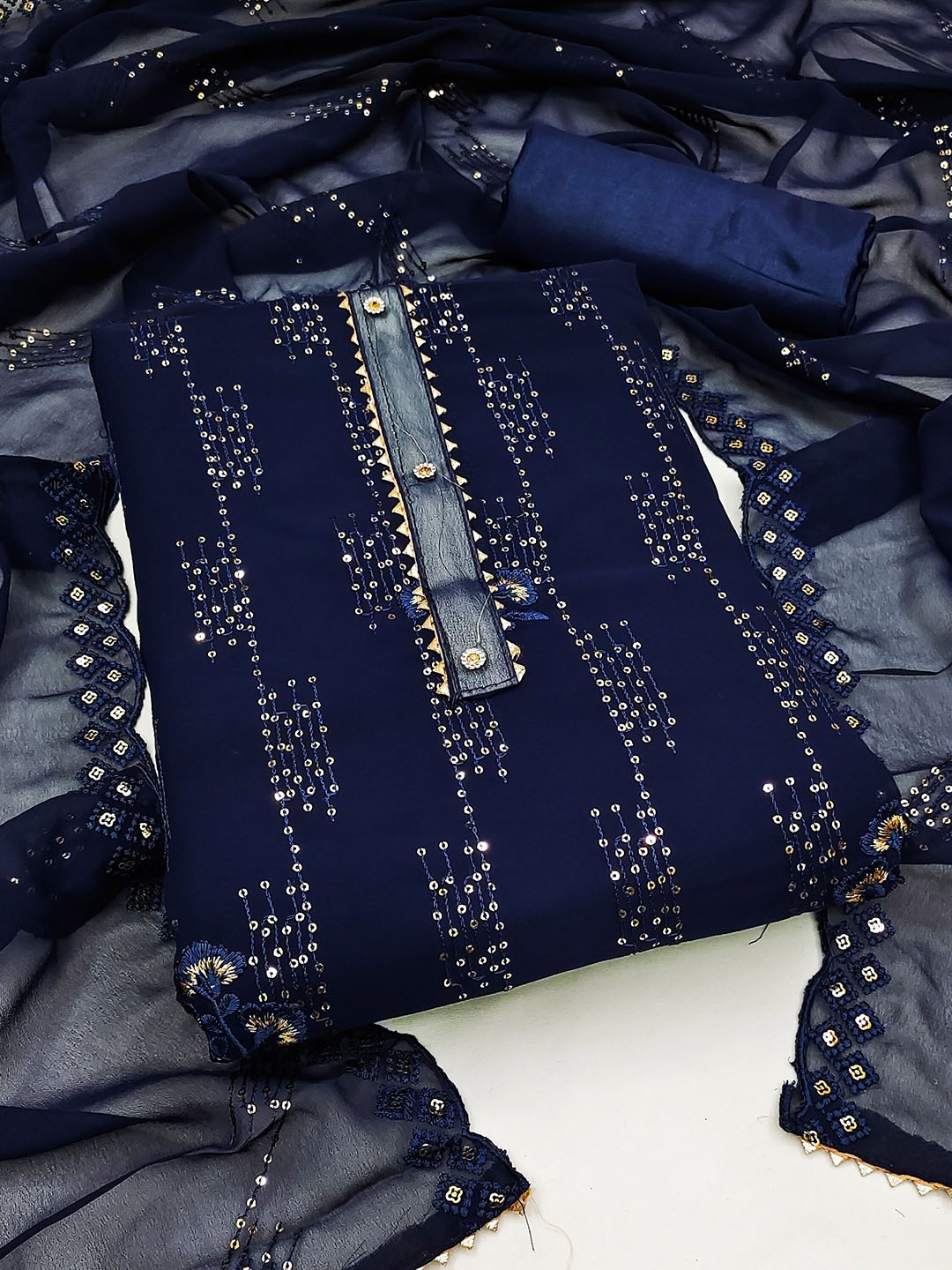 Ishin Striped Embroidered Sequinned Detail Silk Georgette Unstitched Dress Material, Blue
Ishin Striped Embroidered Sequinned Detail Silk Georgette Unstitched Dress Material, Blue