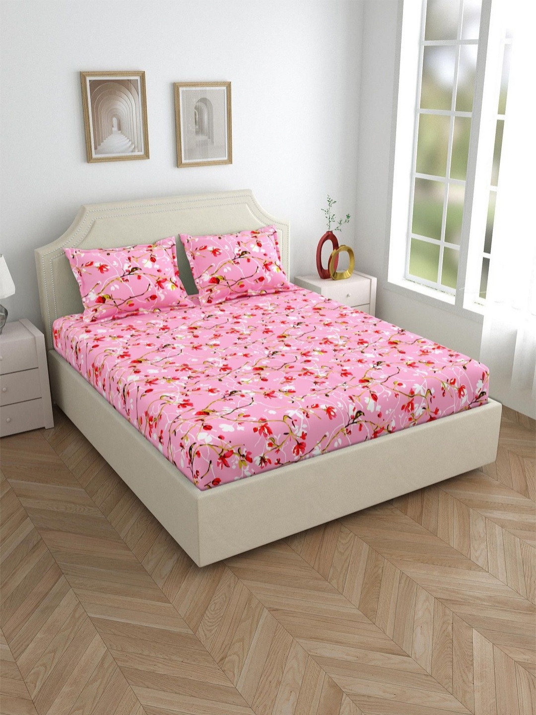 Salona Bichona Pink & White FloralPrinted Cotton 144 TC Queen Bedsheet with 2 PillowCovers
Salona Bichona Pink & White FloralPrinted Cotton 144 TC Queen Bedsheet with 2 PillowCovers