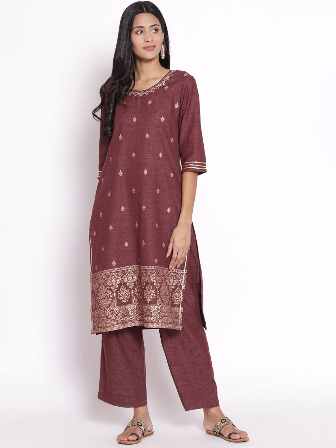 Shree Ethnic Motifs Printed Sequinned Pure Cotton Straight Kurta with Trousers & Dupatta, Burgundy
Shree Ethnic Motifs Printed Sequinned Pure Cotton Straight Kurta with Trousers & Dupatta, Burgundy