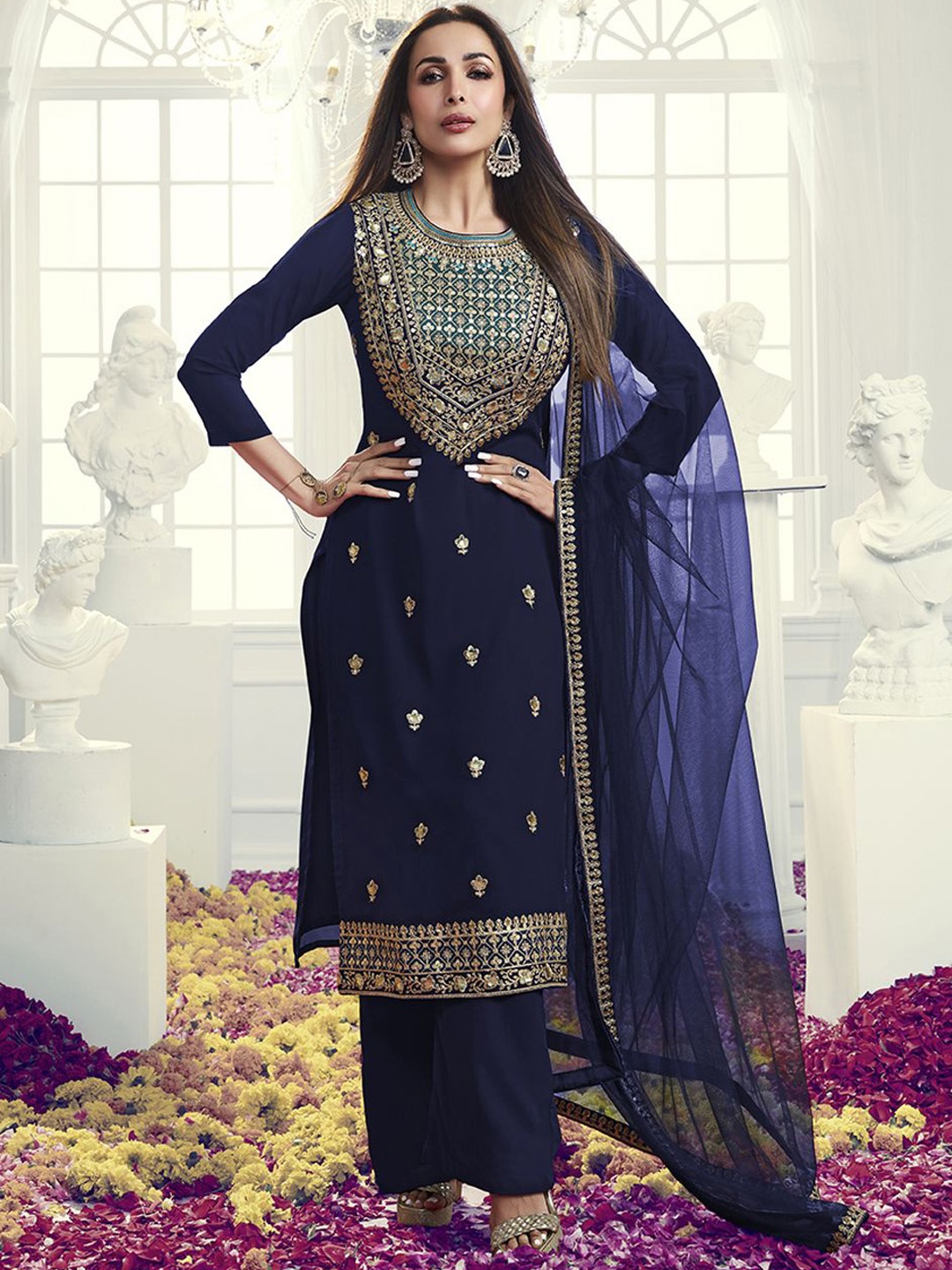Inddus Navy Blue Floral Embroidered Sequinned Georgette Kurta with Palazzo & Dupatta
Inddus Navy Blue Floral Embroidered Sequinned Georgette Kurta with Palazzo & Dupatta