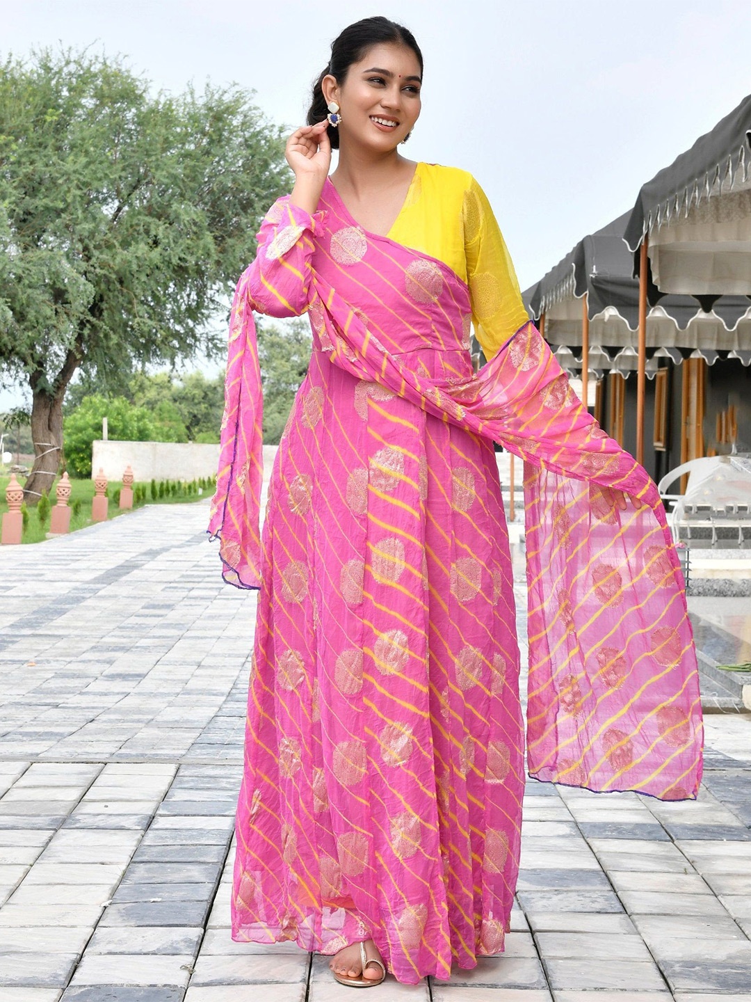 Thread & Button Leheriya Printed Panelled Anarkali Kurta & Trousers With Dupatta Set, Pink
Thread & Button Leheriya Printed Panelled Anarkali Kurta & Trousers With Dupatta Set, Pink