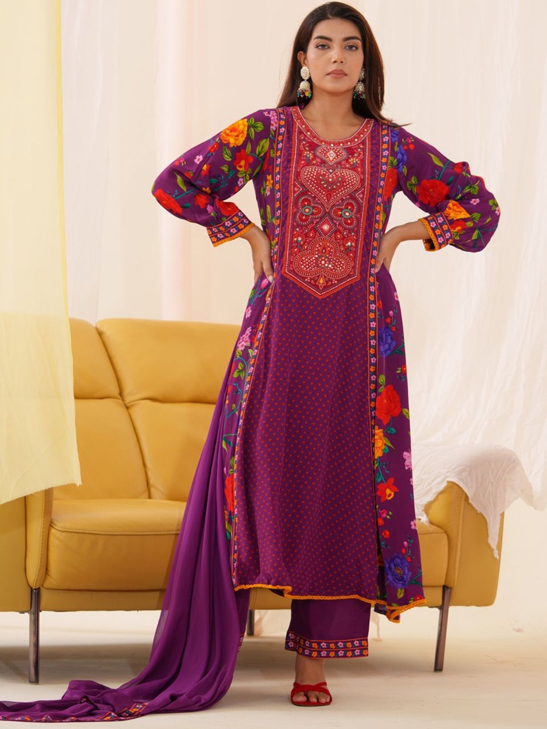 Sangria Floral Printed Embroidered Beads & Stones A Line Kurta With Trousers & Dupatta, Purple
Sangria Floral Printed Embroidered Beads & Stones A Line Kurta With Trousers & Dupatta, Purple
