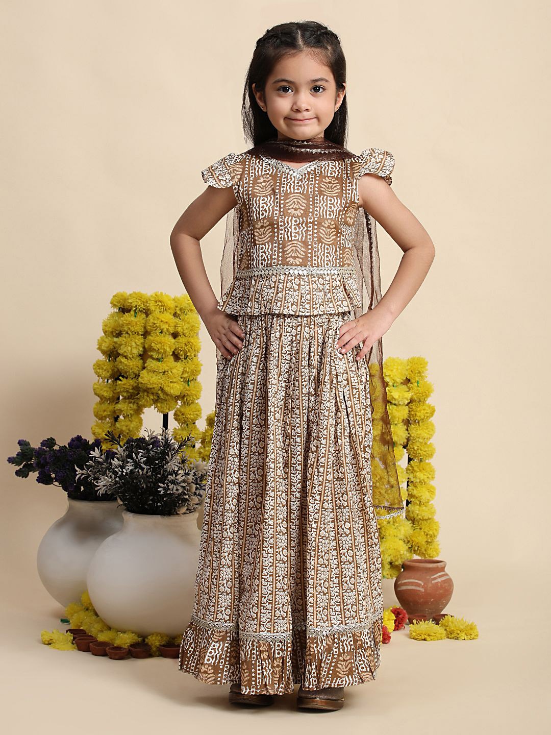 Cutiekins Girls Floral Printed Cotton Gotta Patti Ready to Wear Lehenga & Blouse & Dupatta, Brown
Cutiekins Girls Floral Printed Cotton Gotta Patti Ready to Wear Lehenga & Blouse & Dupatta, Brown