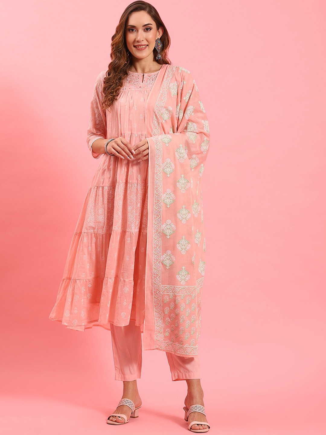 Shree Floral Printed Sequinned Tiered Pure Cotton A-Line Kurta with Trousers & Dupatta, Peach
Shree Floral Printed Sequinned Tiered Pure Cotton A-Line Kurta with Trousers & Dupatta, Peach