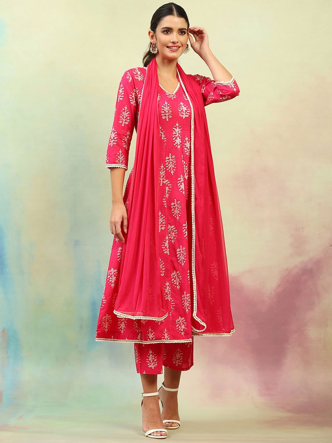 Khushal K Ethnic Motifs Printed Regular Pure Cotton A Line Kurta with Palazzos & Dupatta, Pink
Khushal K Ethnic Motifs Printed Regular Pure Cotton A Line Kurta with Palazzos & Dupatta, Pink