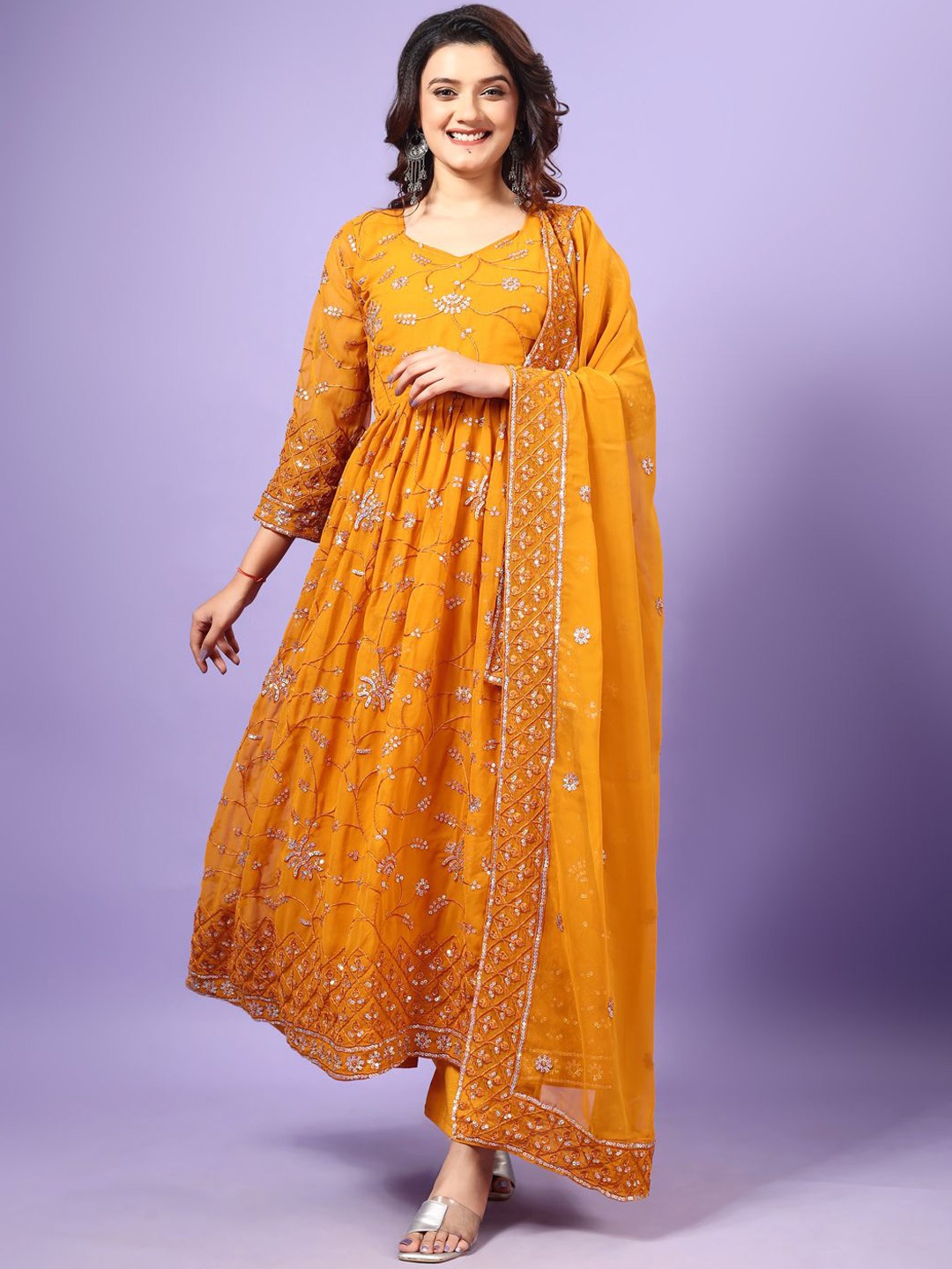 KALINI Floral Embroidered Sequinned Georgette Anarkali Kurta With Trousers & Dupatta, Yellow
KALINI Floral Embroidered Sequinned Georgette Anarkali Kurta With Trousers & Dupatta, Yellow