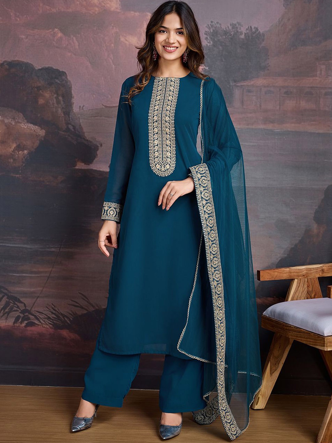 House of Pataudi Floral Embroidered Georgette Straight Kurta With Trousers & Dupatta, Teal
House of Pataudi Floral Embroidered Georgette Straight Kurta With Trousers & Dupatta, Teal