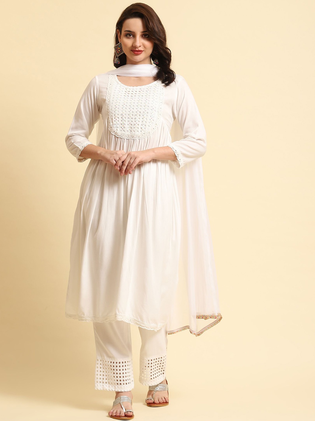 Shree Yoke Design Regular Thread Work Liva A-Line Kurta with Trousers & With Dupatta, White
Shree Yoke Design Regular Thread Work Liva A-Line Kurta with Trousers & With Dupatta, White