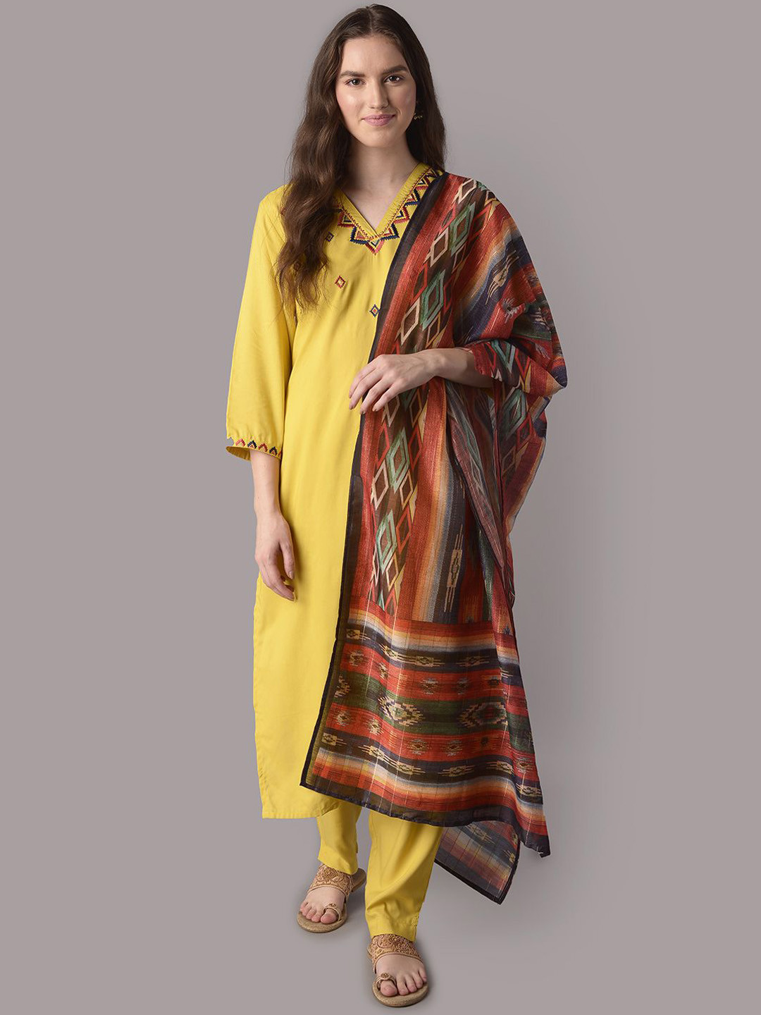 Shree Geometric Embroidered V-Neck Thread Work Kurta With Trousers & Dupatta, Yellow
Shree Geometric Embroidered V-Neck Thread Work Kurta With Trousers & Dupatta, Yellow