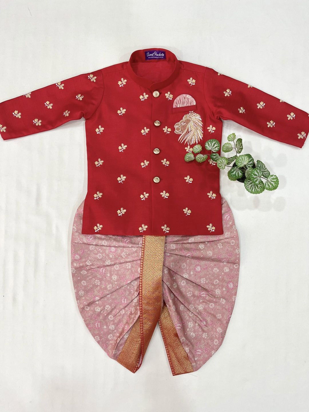 Sweet Pockets Boys Floral Embroidered Thread Work Dupion Silk Kurta with Dhoti Pants, Red
Sweet Pockets Boys Floral Embroidered Thread Work Dupion Silk Kurta with Dhoti Pants, Red
