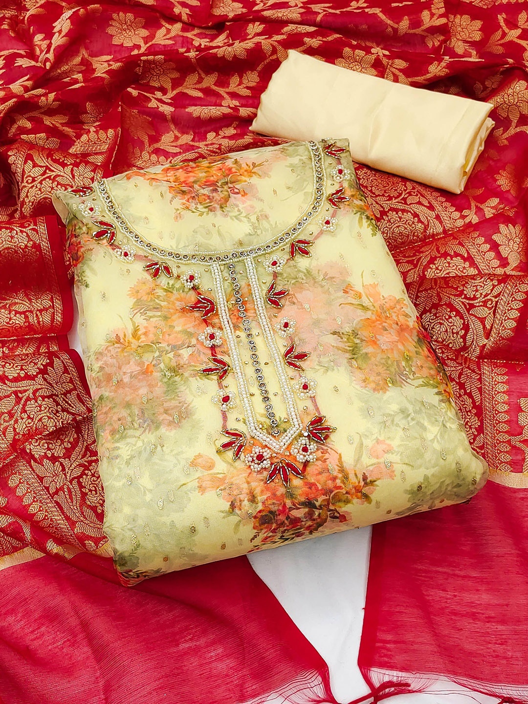 Ishin Floral Embroidered Beads and Stones Detail Organza Unstitched Dress Material, Yellow
Ishin Floral Embroidered Beads and Stones Detail Organza Unstitched Dress Material, Yellow