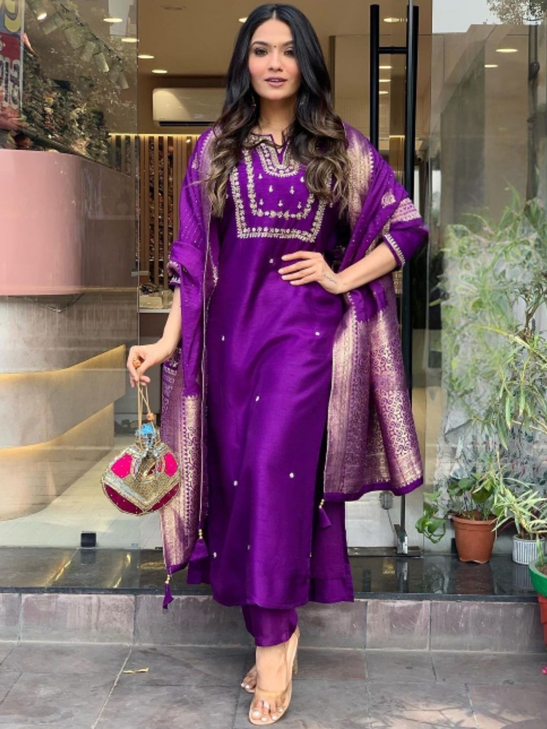 KALINI Ethnic Motifs Embroidered Notch Neck Chanderi Silk Kurta with Trousers & Dupatta, Purple
KALINI Ethnic Motifs Embroidered Notch Neck Chanderi Silk Kurta with Trousers & Dupatta, Purple