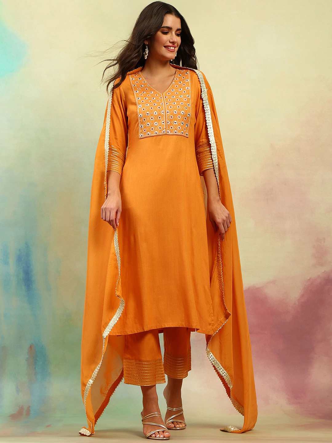Khushal K Ethnic Motifs Yoke Design Thread Work Straight Kurta with Palazzos & Dupatta, Mustard
Khushal K Ethnic Motifs Yoke Design Thread Work Straight Kurta with Palazzos & Dupatta, Mustard