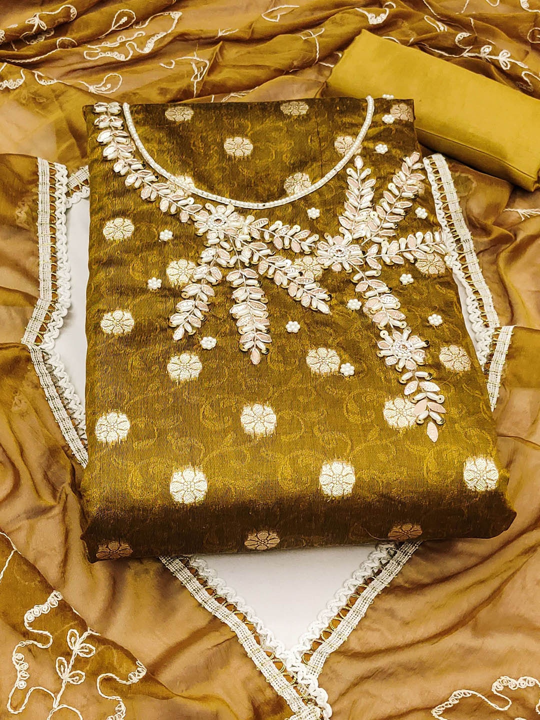 Ishin Ethnic Motifs Woven Design Beads and Stones Unstitched Dress Material, Mustard
Ishin Ethnic Motifs Woven Design Beads and Stones Unstitched Dress Material, Mustard