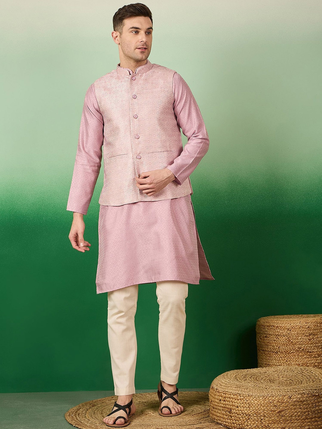 Sangria Geometric Woven Design Mandarin Collar Kurta & Pyjama With Nehru Jacket, Pink
Sangria Geometric Woven Design Mandarin Collar Kurta & Pyjama With Nehru Jacket, Pink