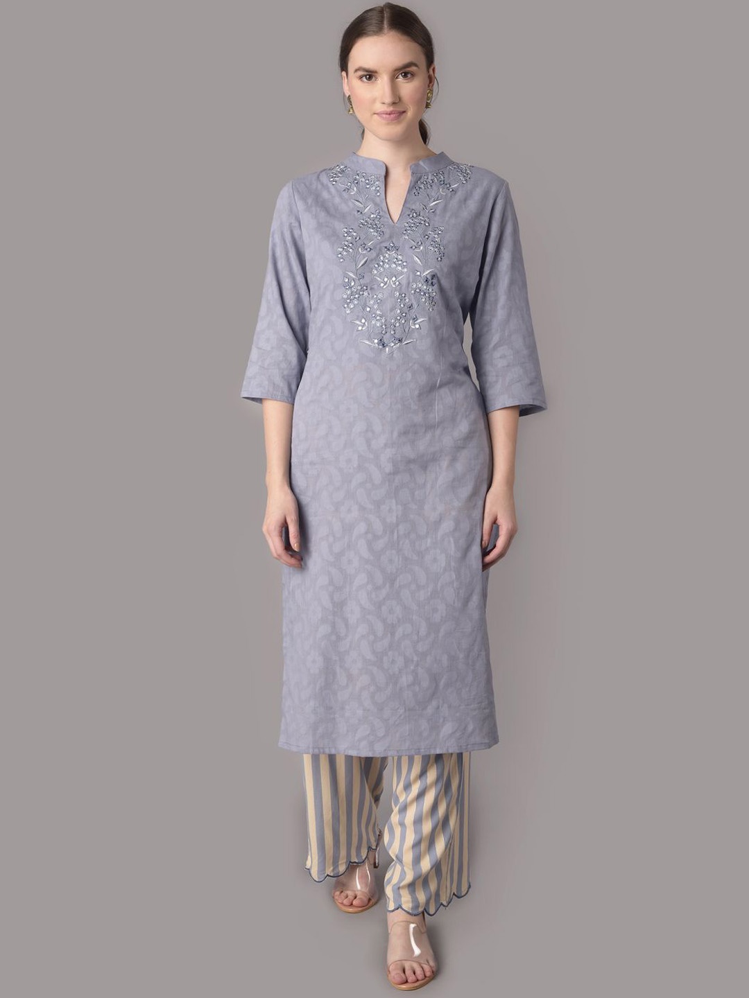 Shree Floral Embroidered Thread Work Pure Cotton Straight Kurta with Trousers, Blue
Shree Floral Embroidered Thread Work Pure Cotton Straight Kurta with Trousers, Blue