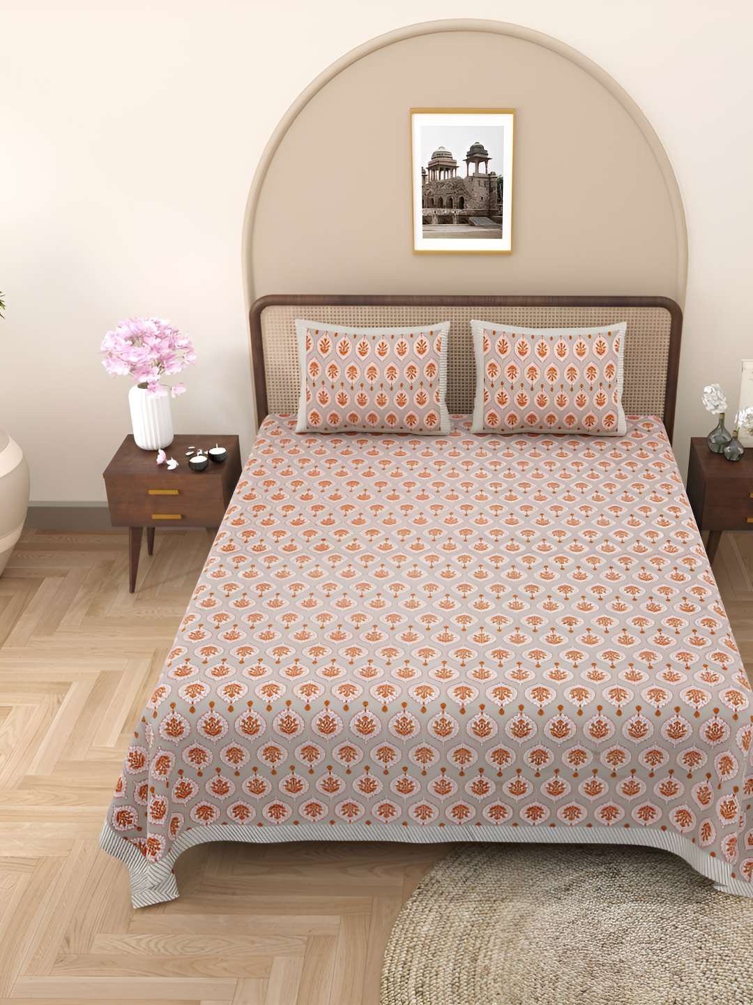 Jinaya's Grey & Orange Floral Printed Cotton 250 TC King Bedsheet with 2 Pillow Covers
Jinaya's Grey & Orange Floral Printed Cotton 250 TC King Bedsheet with 2 Pillow Covers