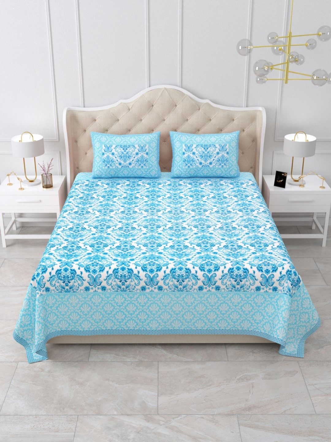 Qfab Blue Ethnic Motifs Printed 144 TC Cotton Double Queen Bedsheet with 2 Pillow Covers
Qfab Blue Ethnic Motifs Printed 144 TC Cotton Double Queen Bedsheet with 2 Pillow Covers