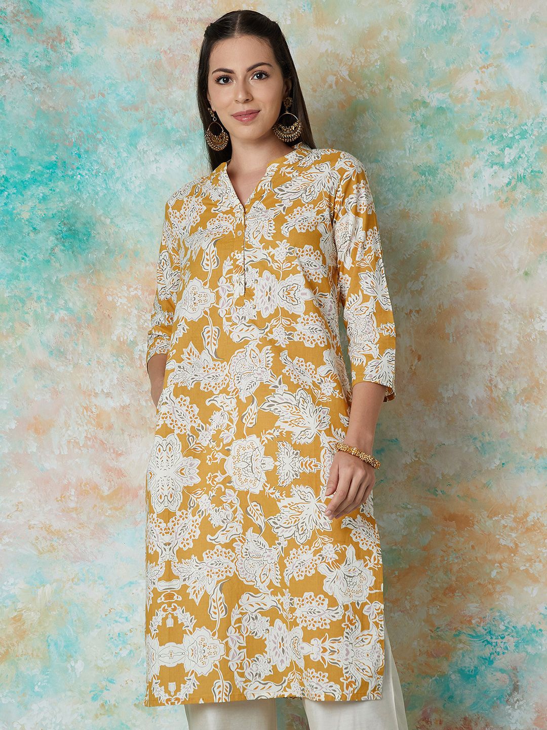 Melange by Lifestyle Floral Printed Mandarin Collar Cotton Straight Kurta, Mustard
Melange by Lifestyle Floral Printed Mandarin Collar Cotton Straight Kurta, Mustard