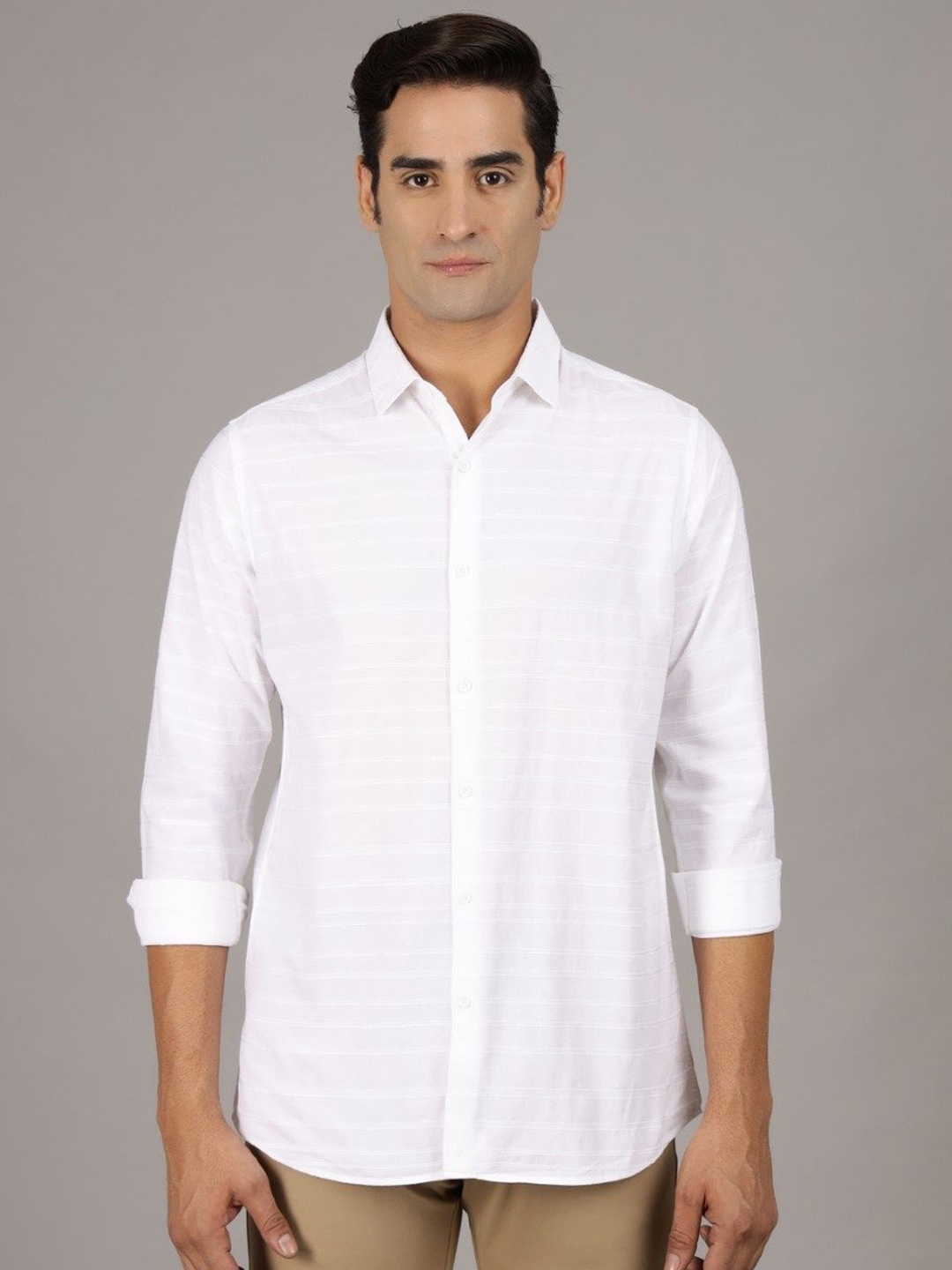Gavin Paris Men Original Spread Collar Horizontal Striped Cotton Semiformal Shirt, White
Gavin Paris Men Original Spread Collar Horizontal Striped Cotton Semiformal Shirt, White