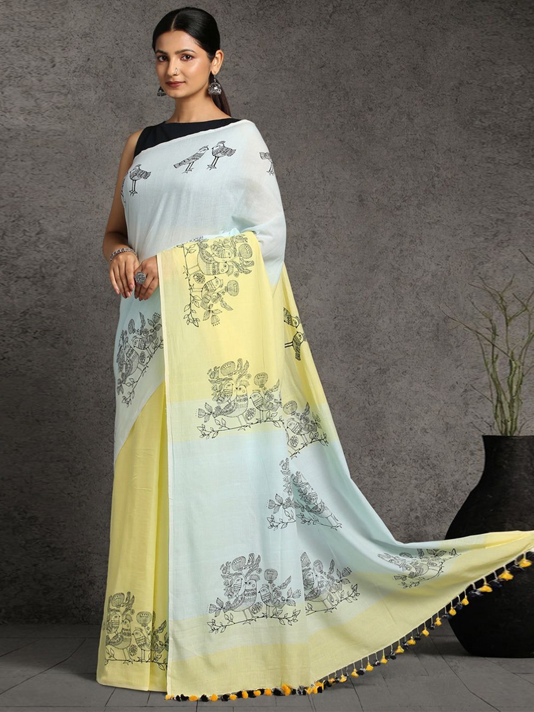 ArtEastri Floral Sky Blue & Yellow Bird Handloom Pure Cotton Print Saree, Turquoise blue
ArtEastri Floral Sky Blue & Yellow Bird Handloom Pure Cotton Print Saree, Turquoise blue