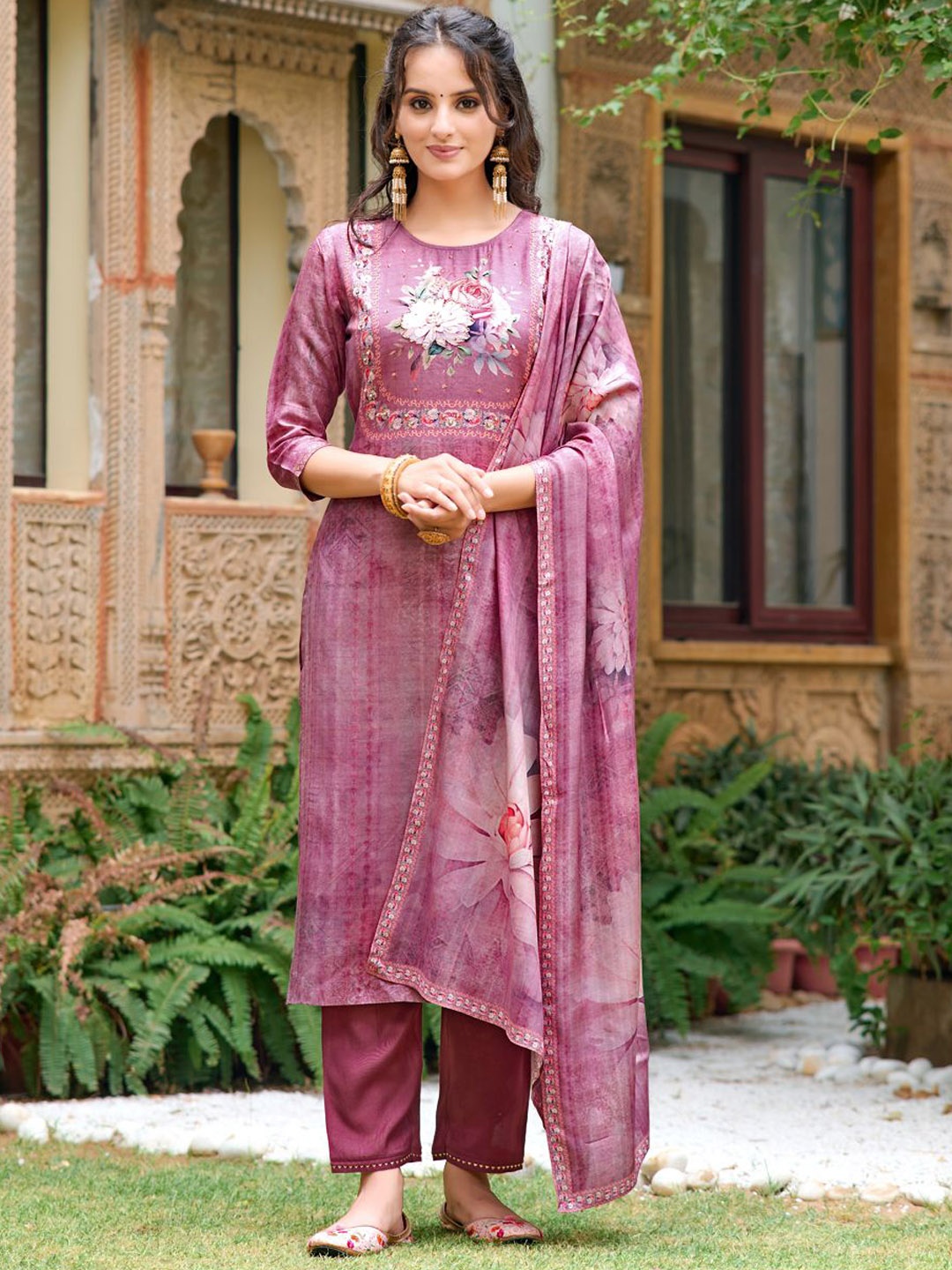 Berrylicious Floral Yoke Design Beads and Stones Pure Silk Kurta with Trousers & Dupatta, Lavender
Berrylicious Floral Yoke Design Beads and Stones Pure Silk Kurta with Trousers & Dupatta, Lavender