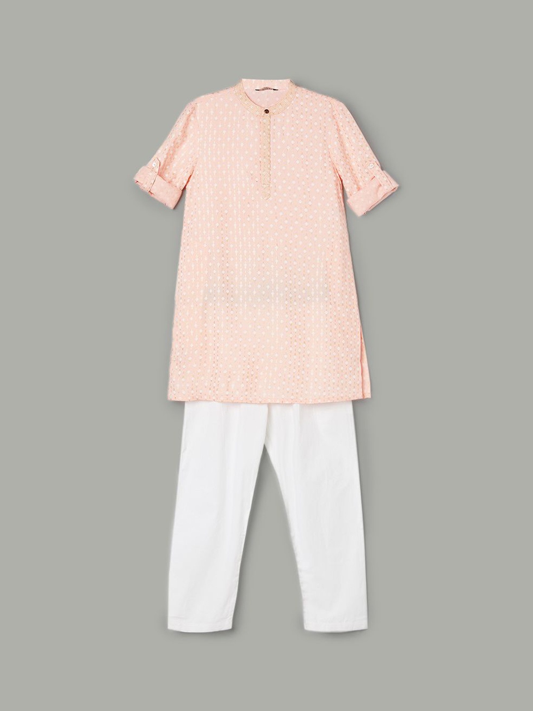 Melange by Lifestyle Boys Geometric Printed Mandarin Collar Kurta With Pyjama, Peach
Melange by Lifestyle Boys Geometric Printed Mandarin Collar Kurta With Pyjama, Peach