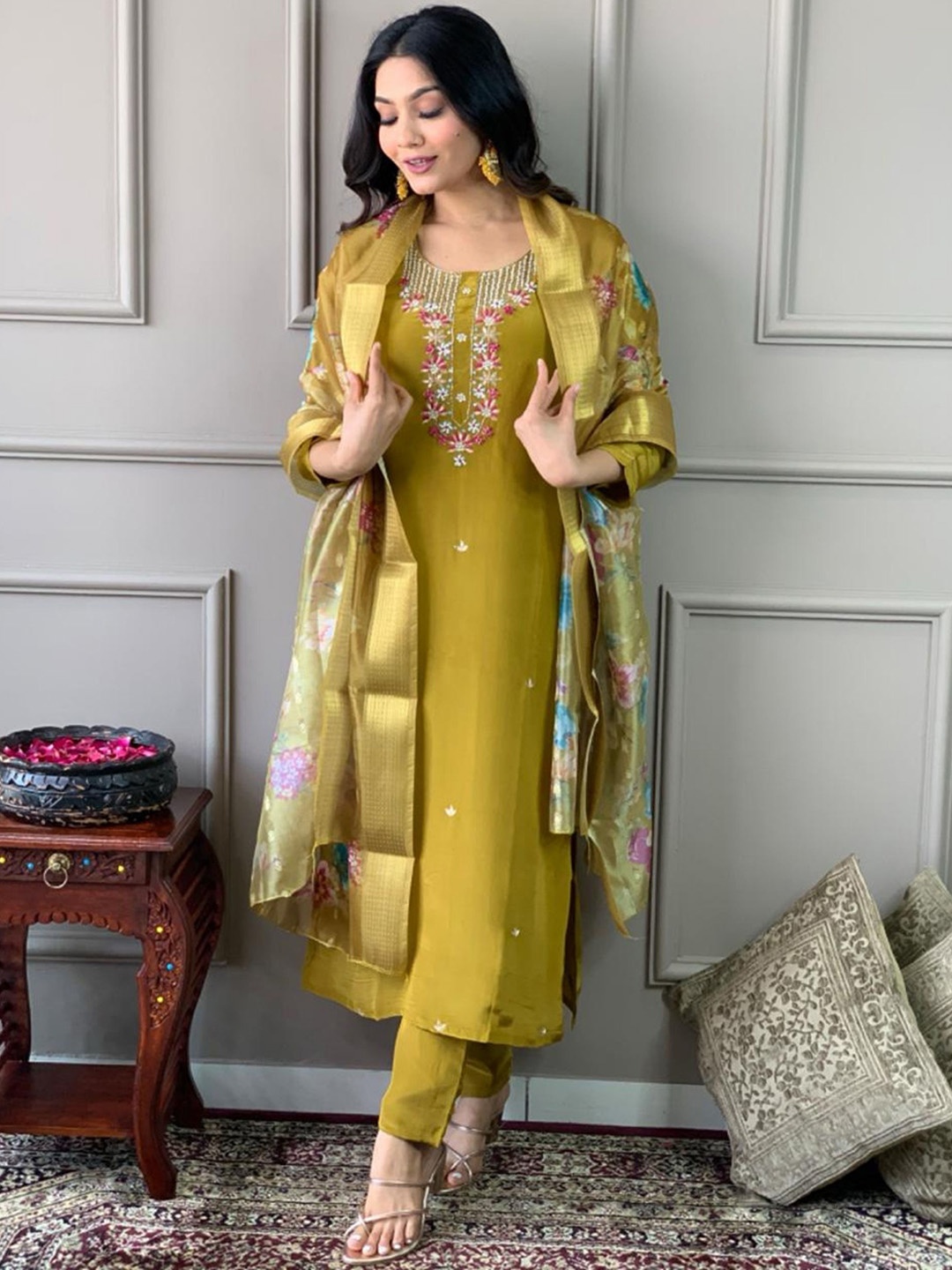 KALINI Floral Embroidered Thread Work Straight Kurta With Trousers & Dupatta, Mustard
KALINI Floral Embroidered Thread Work Straight Kurta With Trousers & Dupatta, Mustard