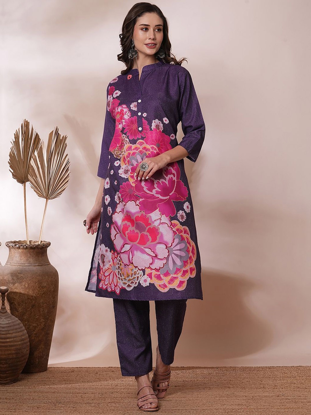 KALINI Floral Printed Mandarin Collar Pure Cotton Straight Kurta with Trousers, Purple
KALINI Floral Printed Mandarin Collar Pure Cotton Straight Kurta with Trousers, Purple