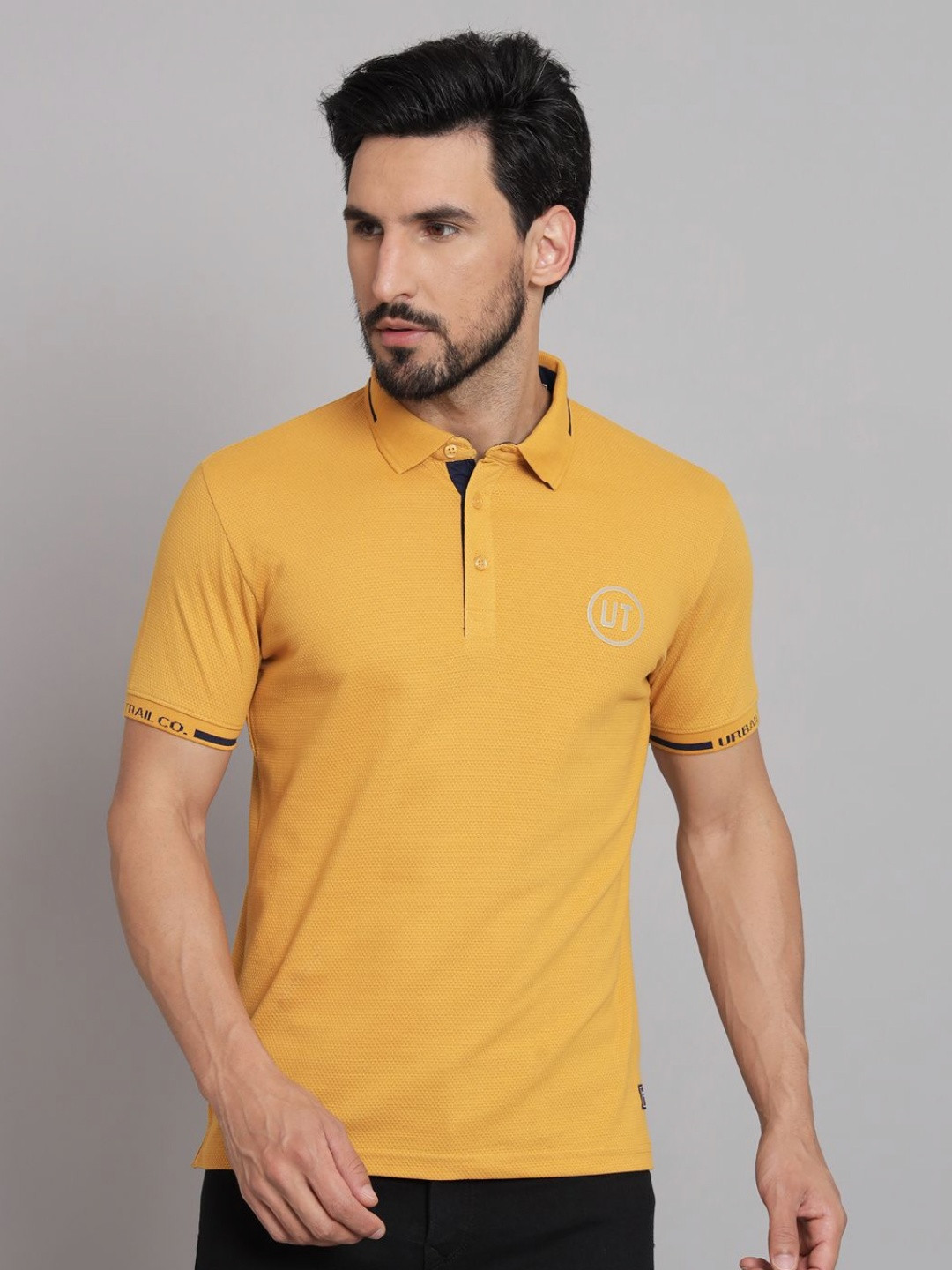 URBAN TRAIL Men Solid Polo Collar Cotton T-shirt, Mustard 
URBAN TRAIL Men Solid Polo Collar Cotton T-shirt, Mustard