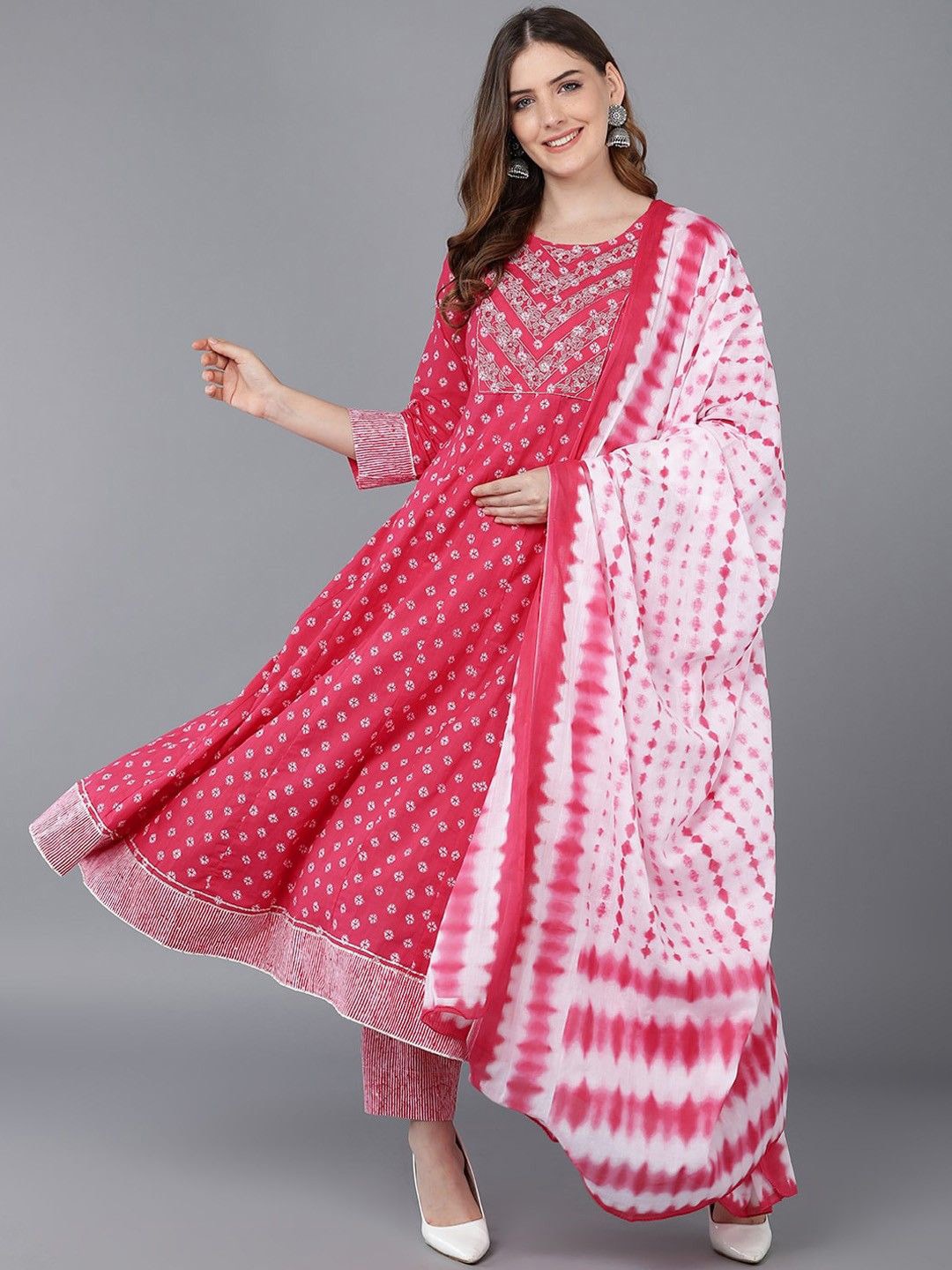 KALINI Bandhani Embroidered Empire Pure Cotton Anarkali Kurta With Trousers & Dupatta, Pink
KALINI Bandhani Embroidered Empire Pure Cotton Anarkali Kurta With Trousers & Dupatta, Pink