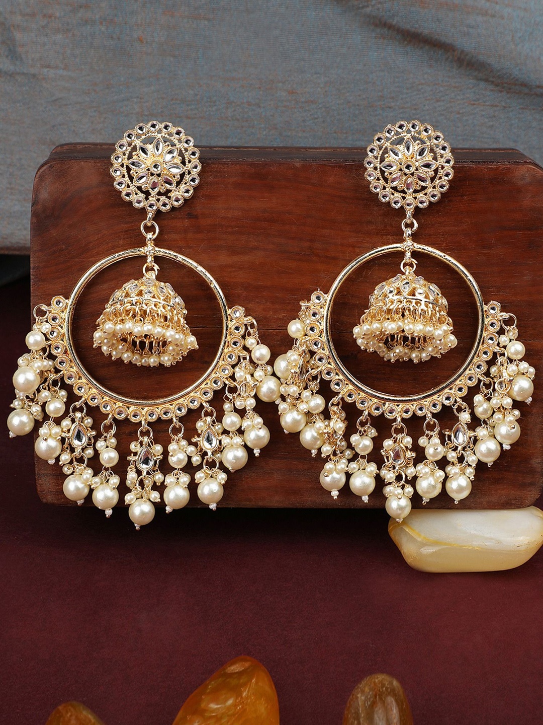 ANIKAS CREATION Gold-Plated Stone Studded & Beaded Contemporary Chandbalis
ANIKAS CREATION Gold-Plated Stone Studded & Beaded Contemporary Chandbalis