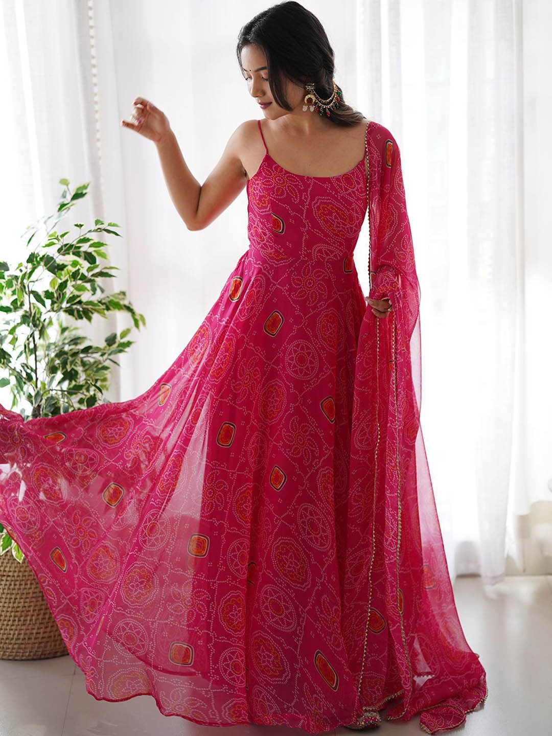 Tanhai Bandhani Printed Shoulder Straps Anarkali Kurta with Pyjama & Dupatta, Pink
Tanhai Bandhani Printed Shoulder Straps Anarkali Kurta with Pyjama & Dupatta, Pink