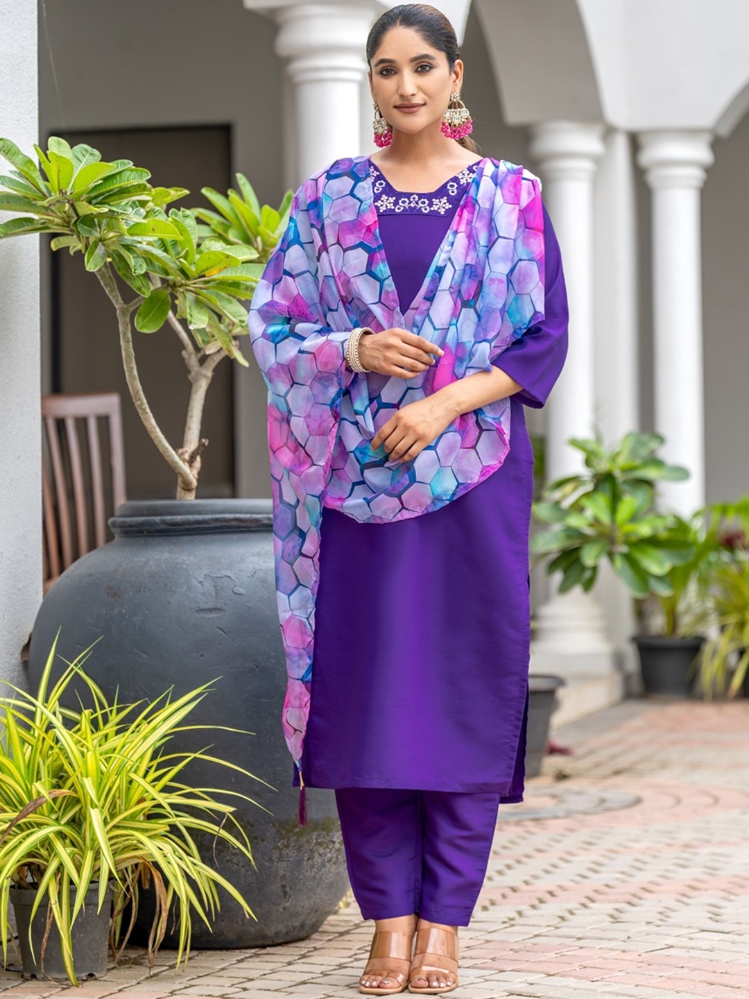 KALINI Floral Yoke Design Thread Work Straight Kurta With Trousers & Dupatta, Purple
KALINI Floral Yoke Design Thread Work Straight Kurta With Trousers & Dupatta, Purple