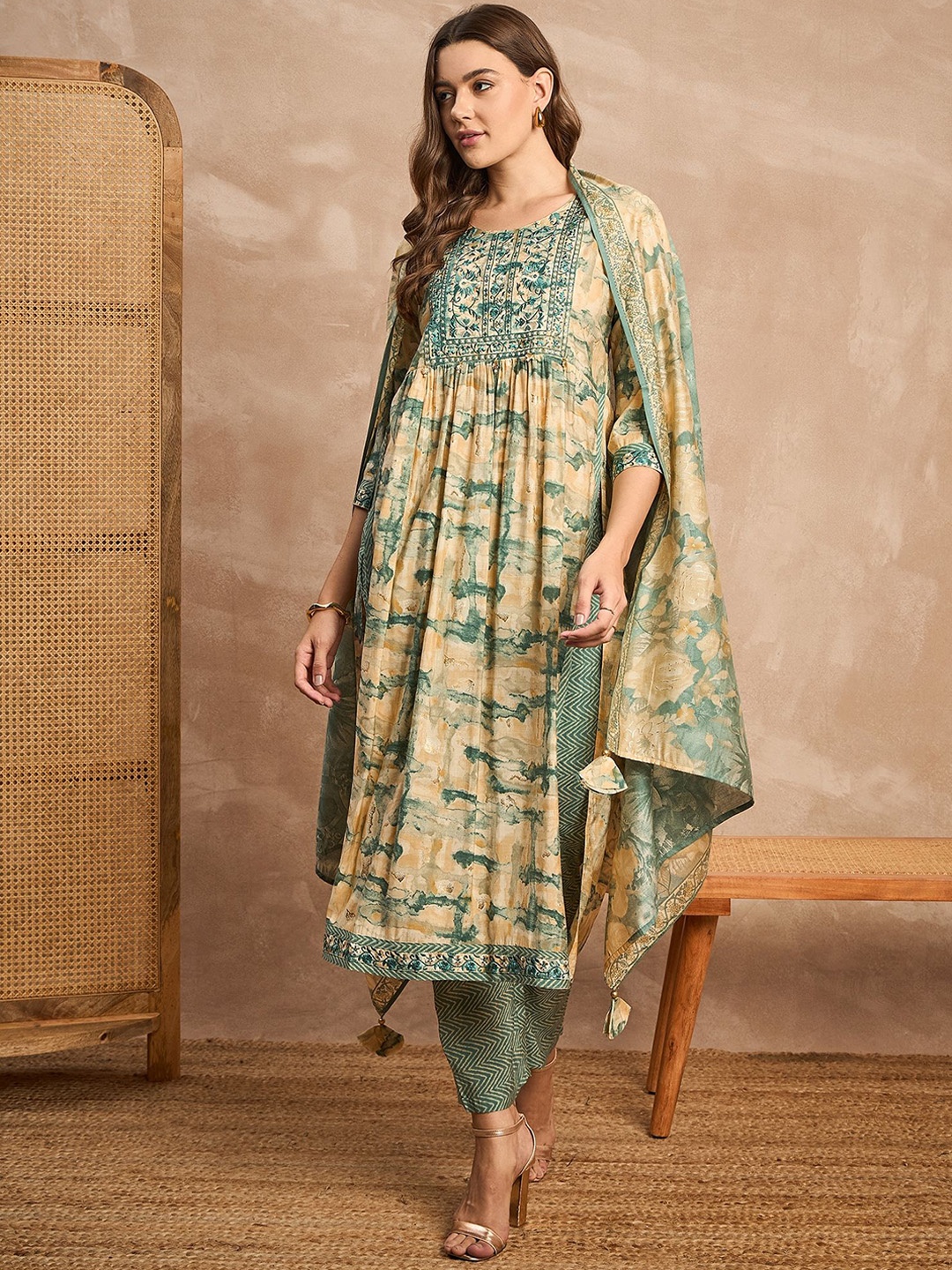 all about you Printed Thread Work Chanderi Silk A-Line Kurta with Trousers & Dupatta, Cream
all about you Printed Thread Work Chanderi Silk A-Line Kurta with Trousers & Dupatta, Cream