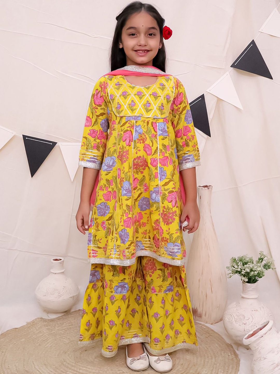Ka-mee Girls Ethnic Motifs Printed Gotta Patti Pure Cotton Kurta with Sharara & Dupatta, Yellow
Ka-mee Girls Ethnic Motifs Printed Gotta Patti Pure Cotton Kurta with Sharara & Dupatta, Yellow