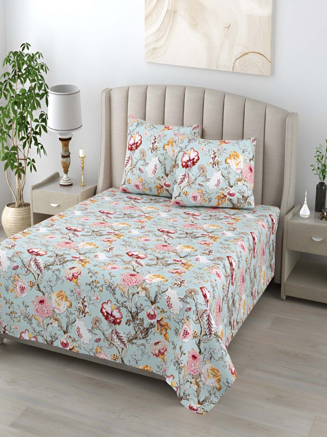 Jinaya's Anokhi Blue & Pink Floral 210 TC Pure Cotton King Bedsheet With 2 Pillow Covers
Jinaya's Anokhi Blue & Pink Floral 210 TC Pure Cotton King Bedsheet With 2 Pillow Covers