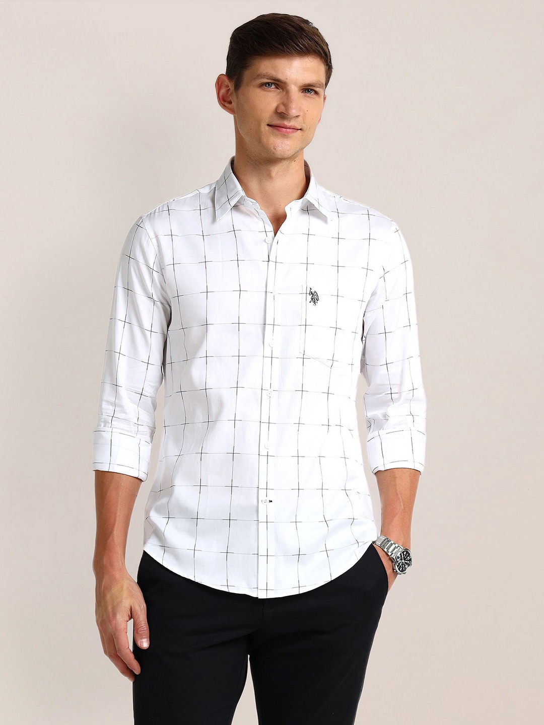 U.S. Polo Assn. Men Classic Cutaway Collar Windowpane Checked Cotton Formal Shirt, White
U.S. Polo Assn. Men Classic Cutaway Collar Windowpane Checked Cotton Formal Shirt, White