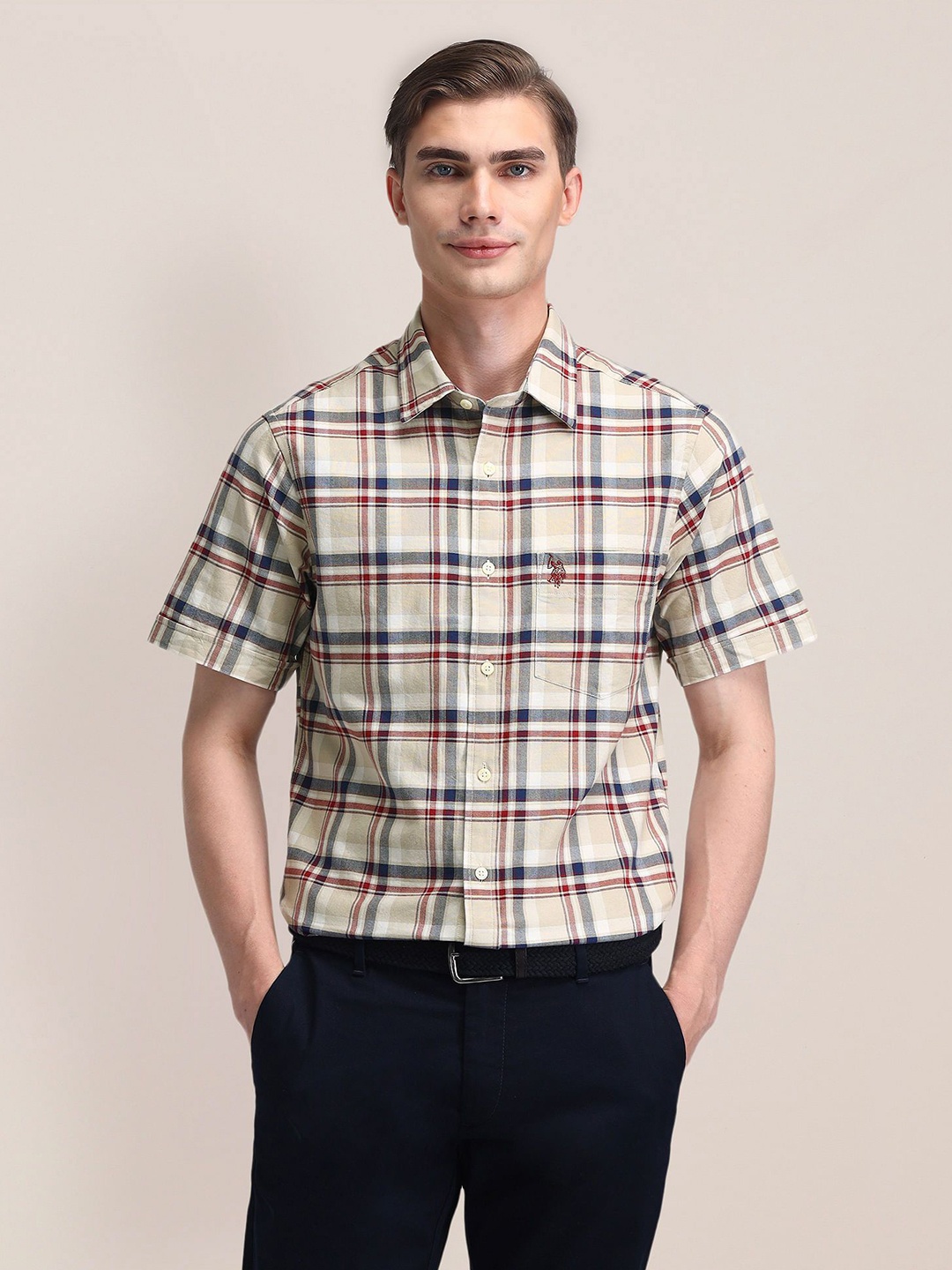 U.S. Polo Assn. Men Classic Cutaway Collar Tartan Checked Cotton Formal Shirt, Beige
U.S. Polo Assn. Men Classic Cutaway Collar Tartan Checked Cotton Formal Shirt, Beige