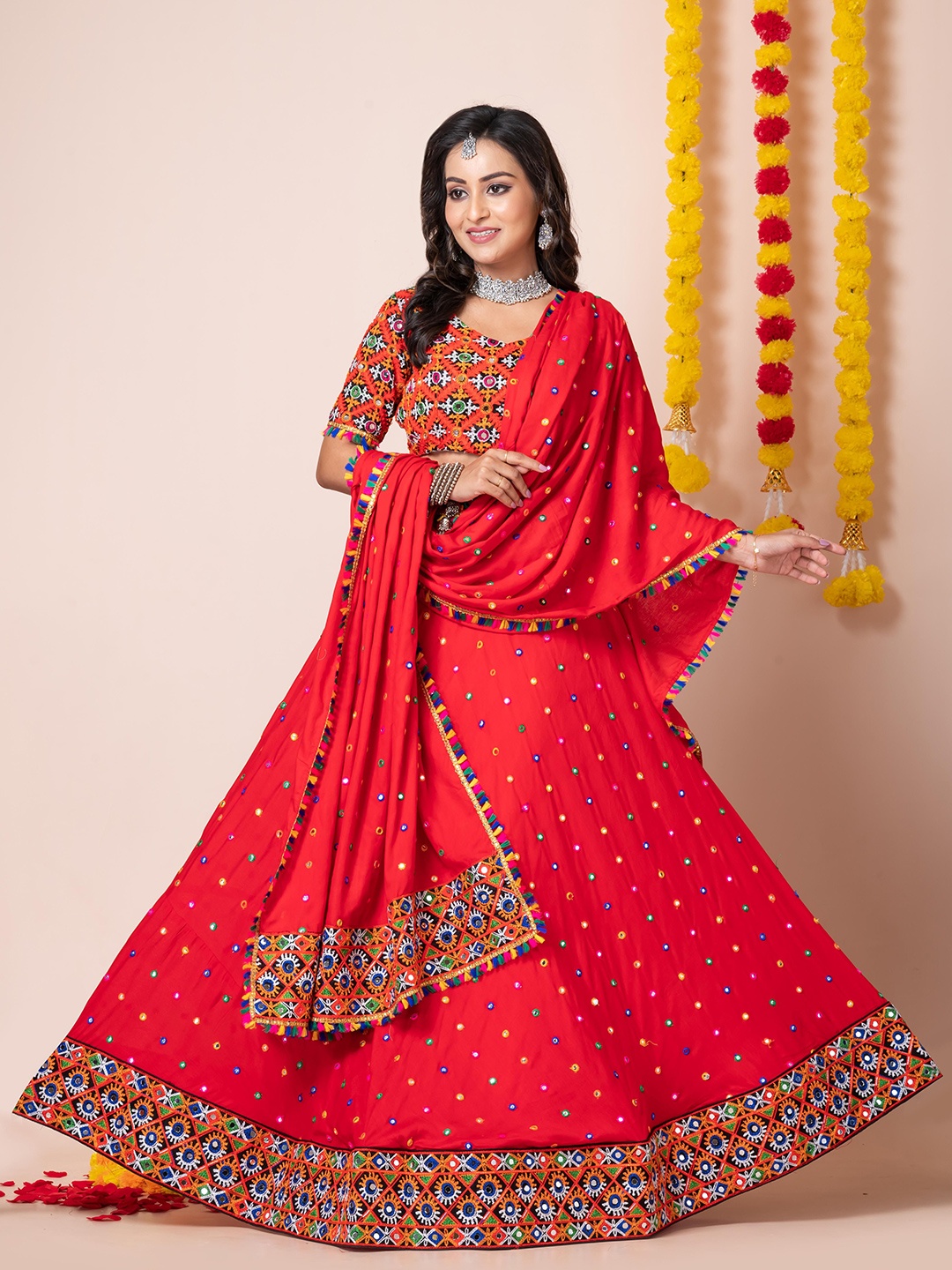 Angroop Embroidered Mirror Work Semi-Stitched Lehenga & Unstitched Blouse With Dupatta, Red
Angroop Embroidered Mirror Work Semi-Stitched Lehenga & Unstitched Blouse With Dupatta, Red