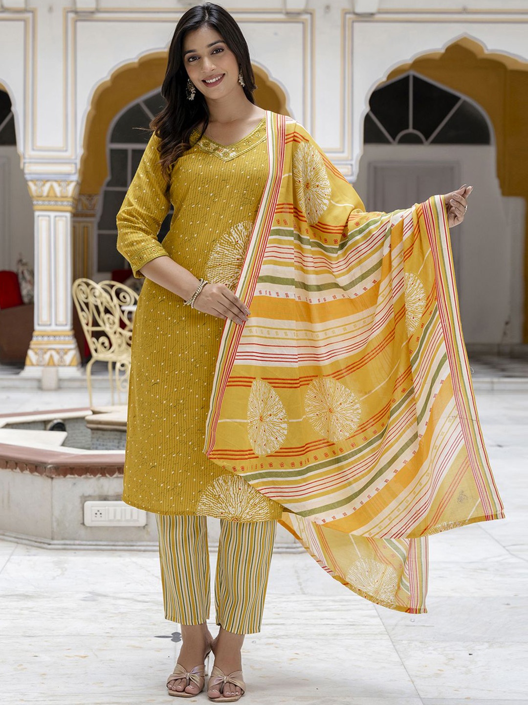 PPTOSS Floral Printed Sequinned V-Neck Straight Kurta With Trouser & Dupatta, Yellow
PPTOSS Floral Printed Sequinned V-Neck Straight Kurta With Trouser & Dupatta, Yellow