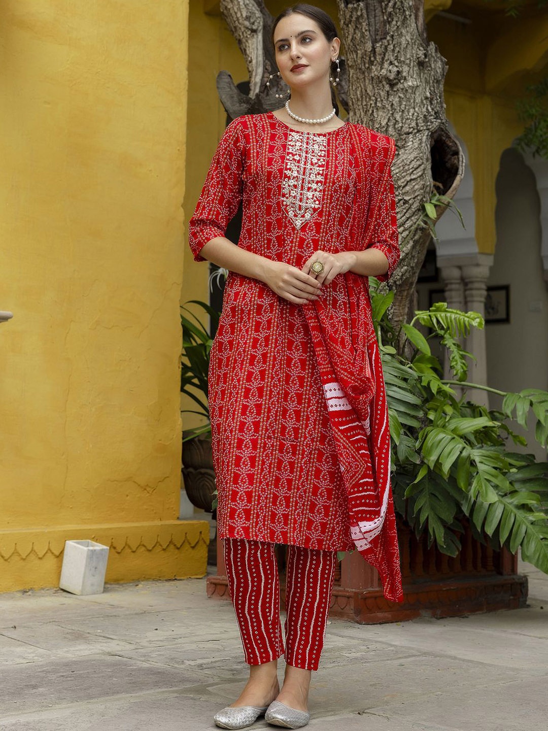 PPTOSS Bandhani Printed Beads and Stones Straight Kurta With Trouser & Dupatta, Red
PPTOSS Bandhani Printed Beads and Stones Straight Kurta With Trouser & Dupatta, Red
