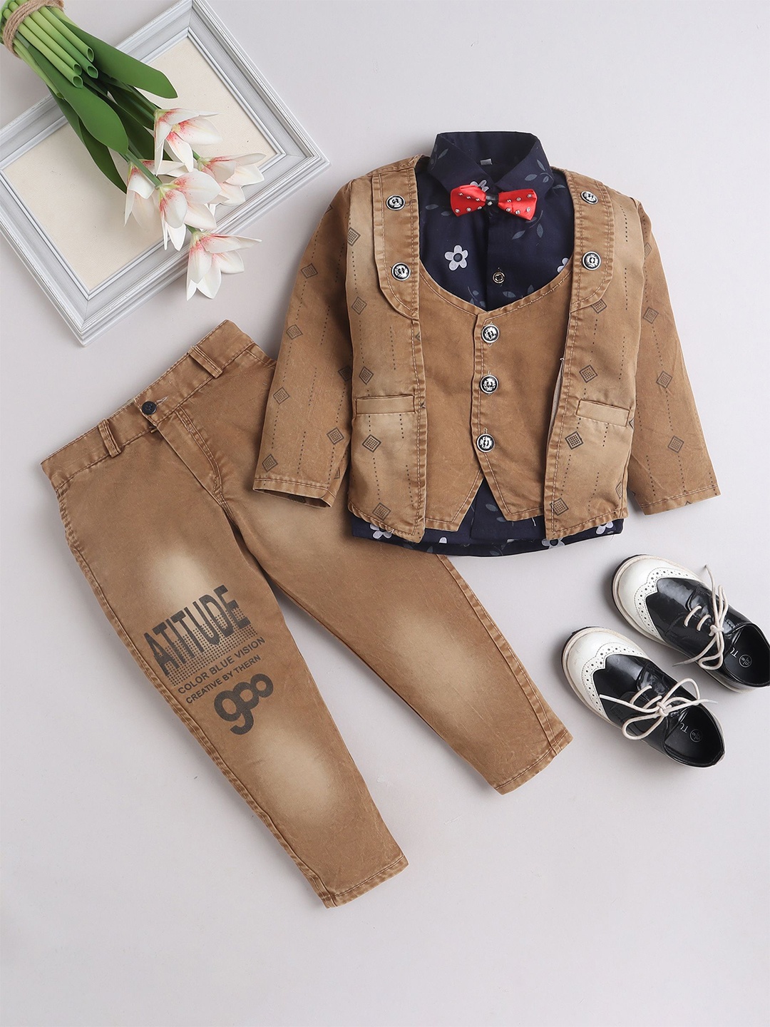 FOURFOLDS Boys Single-Breasted Party wear Printed Shirt With Jeans & Jacket Set, Brown
FOURFOLDS Boys Single-Breasted Party wear Printed Shirt With Jeans & Jacket Set, Brown