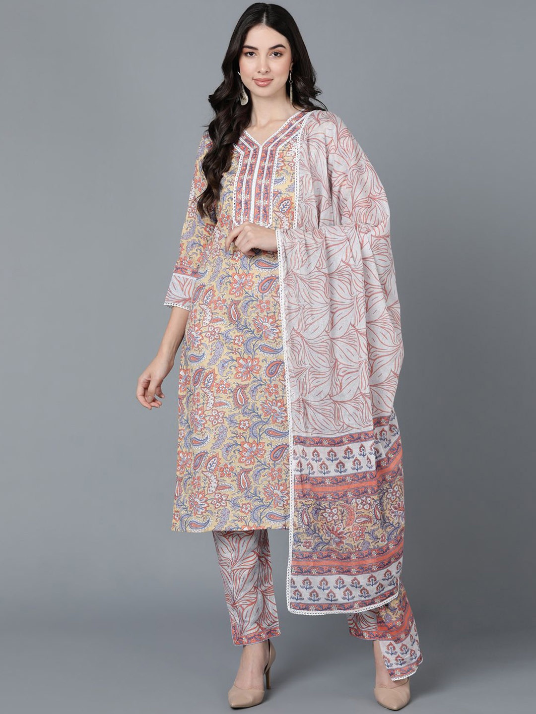 AHIKA Floral Printed Regular Pure Cotton Straight Kurta with Trousers & Dupatta, Cream
AHIKA Floral Printed Regular Pure Cotton Straight Kurta with Trousers & Dupatta, Cream