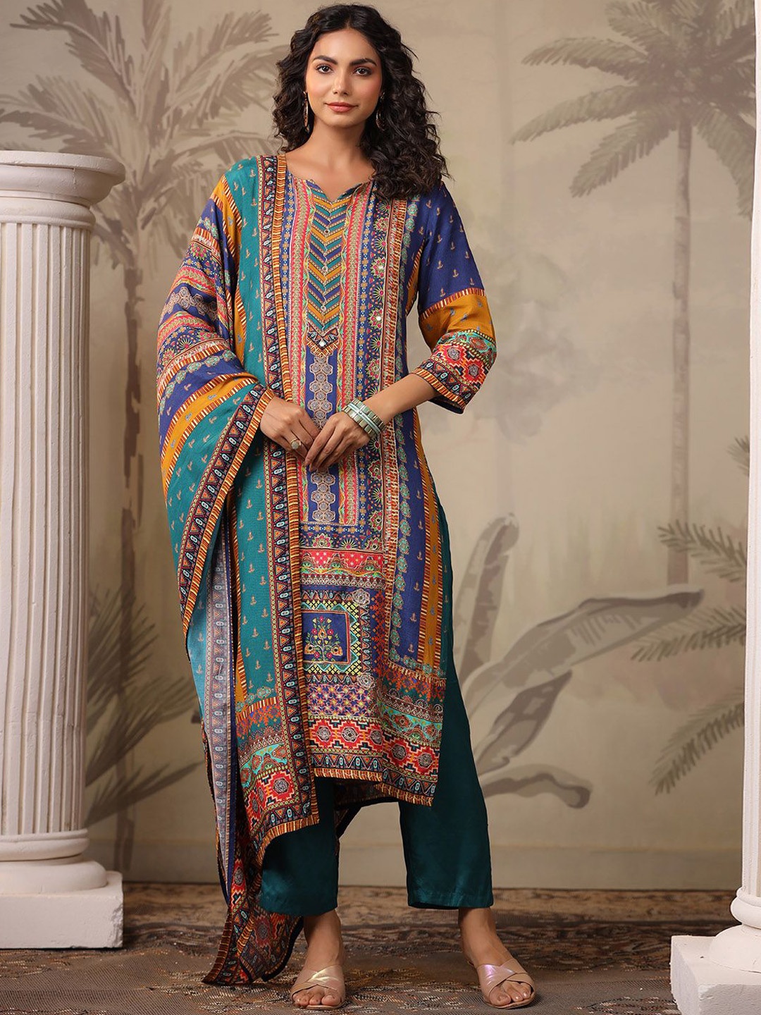 Meena Bazaar Ethnic Motifs Printed Mirror Work Straight Kurta with Trousers & Dupatta, Blue
Meena Bazaar Ethnic Motifs Printed Mirror Work Straight Kurta with Trousers & Dupatta, Blue